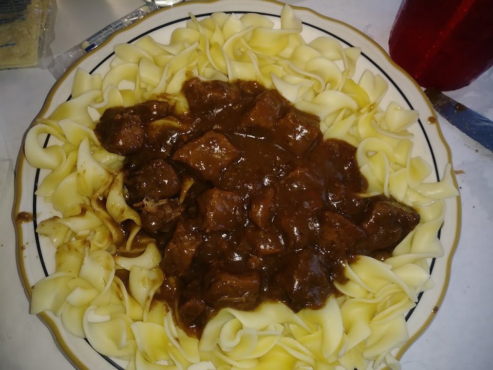 Beef Tips over Noodles