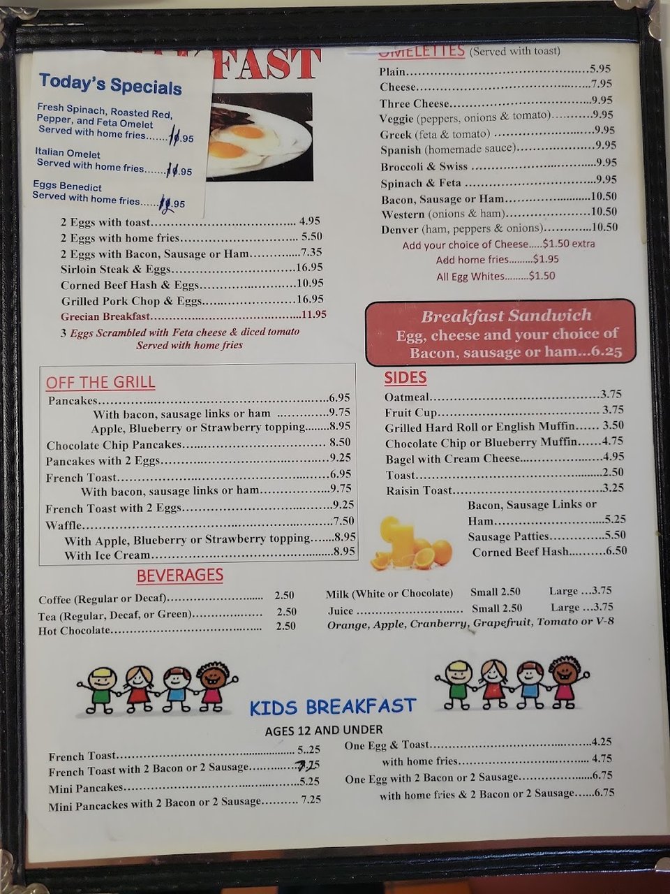 Printed menu with soups and omelettes.