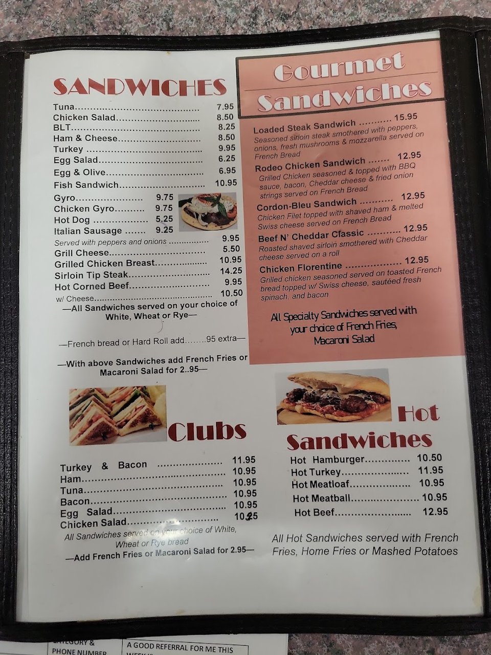 Menu board with daily specials and classic dishes.