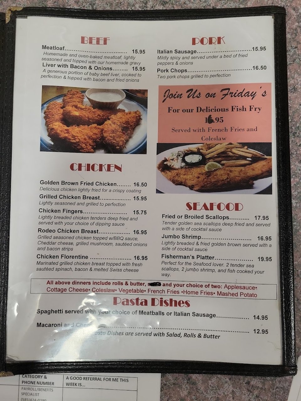 Menu page showing breakfast and dinner specials.