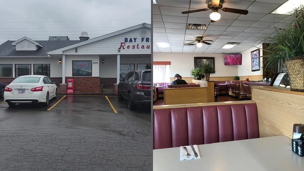 Casual restaurant seating near large windows.